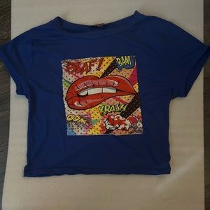 AQ Sport Blue Cropped Graphic Tee  XL with Cloth Mask NEW Soft Casual Dopamine